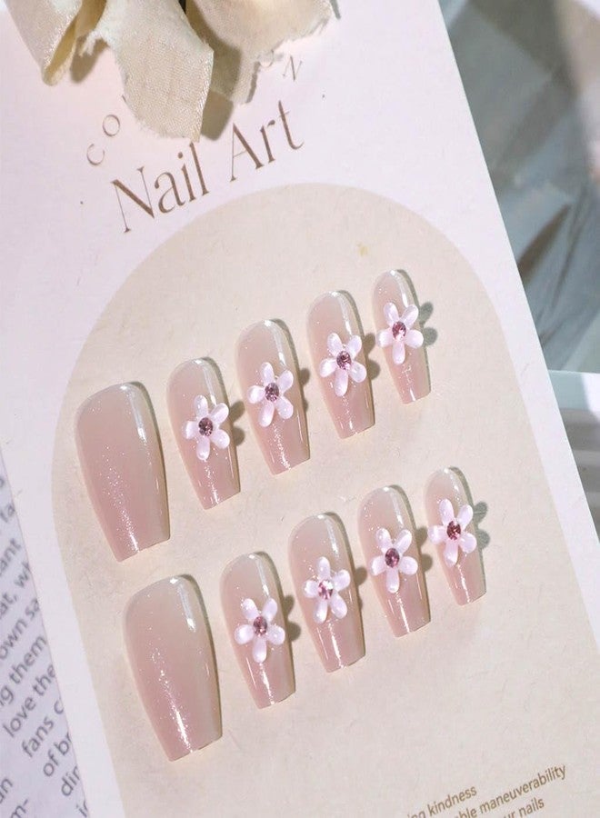 Foccna Press On Nails - Medium Rhinestone Pink & White Square Bling Glossy 3D Flower False Nails - 24pcs - Image 4